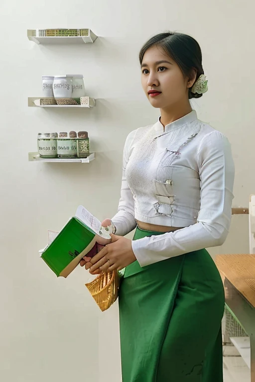 there is a woman standing in a green skirt and white shirt, nivanh chanthara, wearing traditional garb, traditional dress, wearing headmistress uniform, traditional clothes, wearing authentic attire, in style of lam manh, white shirt and green skirt, nuttavut baiphowongse, student, 30 years old woman