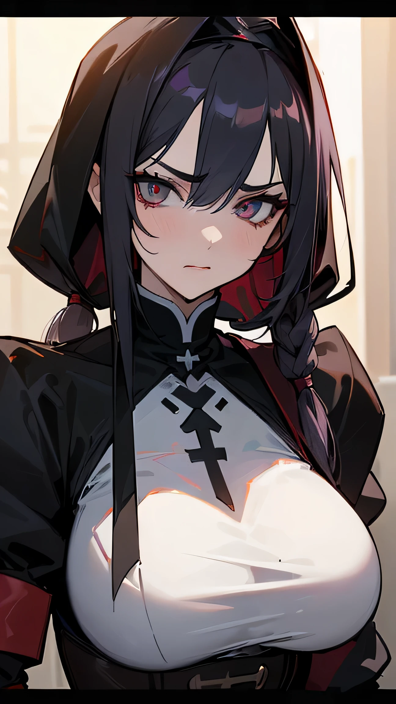 ((Best Quality, 8K, Masterpiece: 1.3)), 1girl, Beauty: 1.3, (Hairstyle Casual , Big Breasts: 1.2), dark fantasy, fighter, big weapon, wearing armor, straps, Super Fine Face, galaxy eye color, zealous attitude, battle nun, vampire hunter, red accents. sexy, vengeful look,