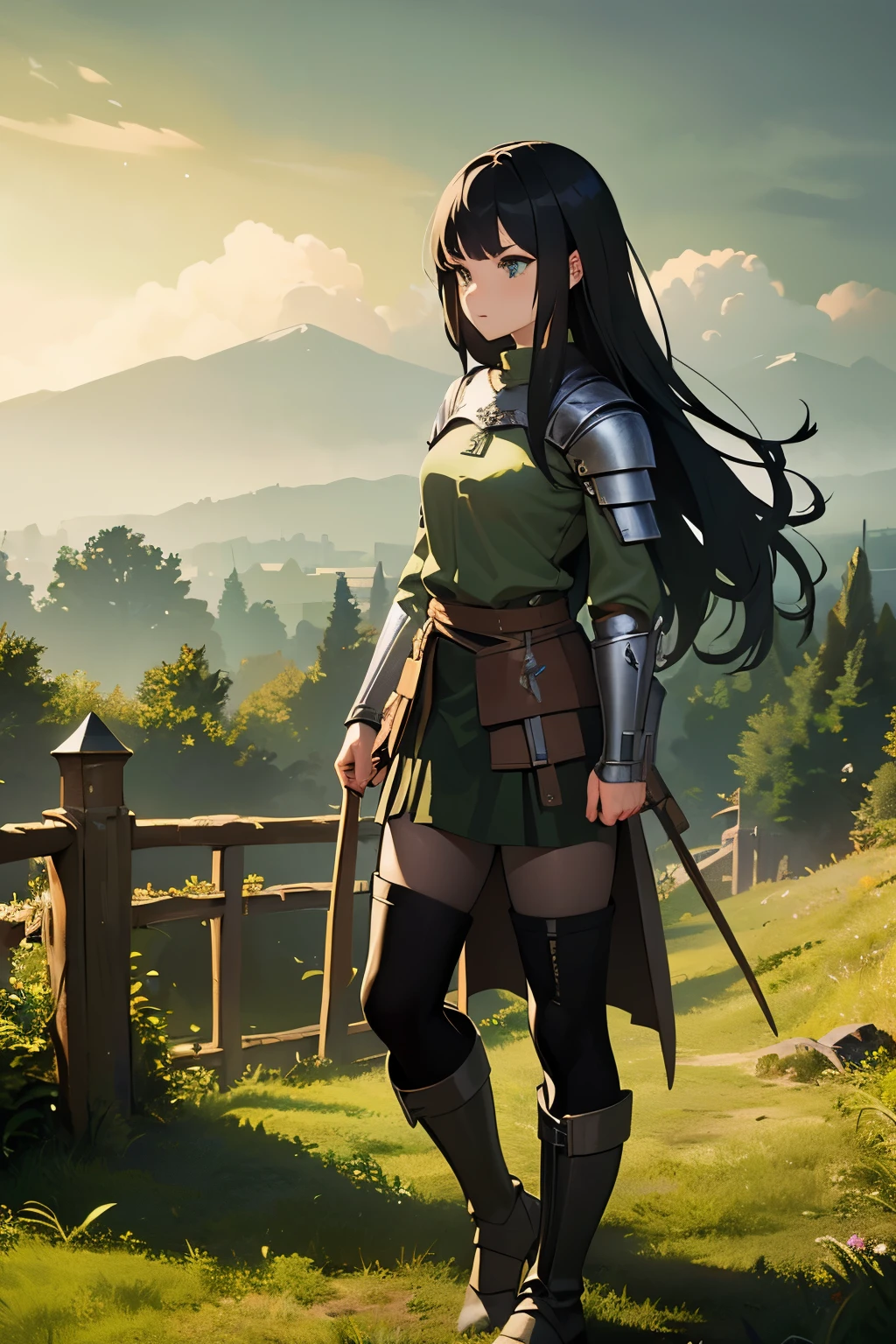 (((masterpiece))), (((best quality))), ((ultra-detailed)), (cinematic lighting), (illustration), (beautiful detailed eyes), (1girl, 20s), full body, knight, futuristic armour, castle in background, field, expressive eyes, perfect face, Girl: (black hair, long hair, wearing skirt, black pantyhose, green and grey armour, green baggy shirt, knee boots),