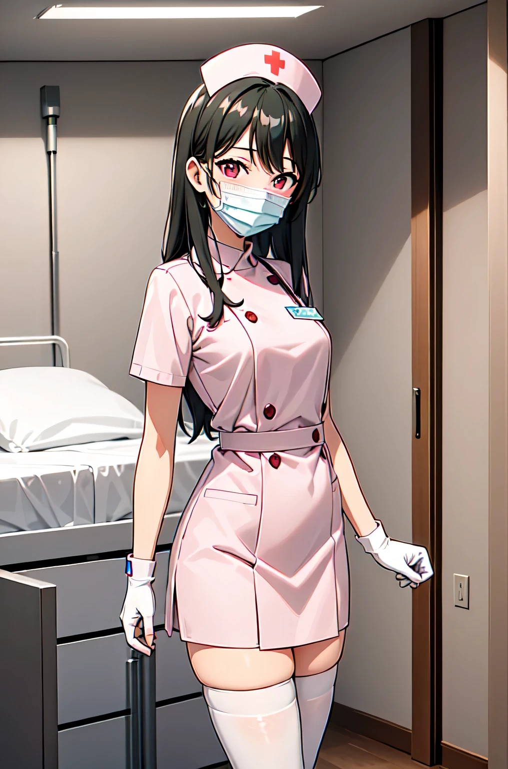 1woman, solo, nurse, white nurse cap, white nurse uniform, ((white legwear, zettai ryouiki)), white gloves, forehead, long hair, green hair, pink eyes, ((white surgical mask, covered nose)), standing, ((hospital room)), sharp outline, short sleeves, mature female, 35 years old, best quality, masterpiece