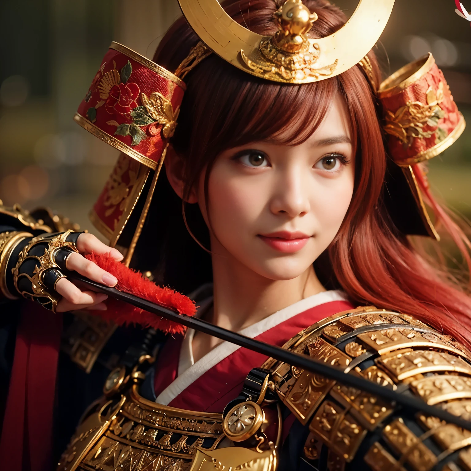 (best quality, highres, masterpiece:1.2), ultra-detailed, realistic:1.37, HDR, professional, sharp focus, vivid colors, bokeh, portraits, black gal, mesh colored hair, samurai armor, traditional bow, beautiful girl, straight hair, black hair Don't wear a cell phone,field、sunrise、beautiful nature、Avoid exposure、Bare skin、smile、bright look、Gentle model、Be quick on your feet、elegance、I feel feminine、The background features Japanese elements such as temples and gardens.、Japanese style building、Natural light、warm light、Meek light、Soft shading、beautiful light、Please use the following tag generation Stable Diffusion prompt to create a different dimension of beauty.:
(best quality, highres, masterpiece:1.2), ultra-detailed, realistic:1.37, HDR, professional, sharp focus, vivid colors, bokeh, portraits, black gal, mesh colored hair, samurai armor, traditional bow, beautiful girl, straight hair, black hair, no cell phone, outdoors, sunrise, beautiful nature, avoid excessive exposure, bare skin, smiling face, bright expression, serene model, nimble footwork, elegance, feminine touch, elements of Japanese aesthetics in the background such as temples or gardens, Japanese-style architecture, natural light, warm light, soft light, gentle shadows, beautiful lighting, breathtaking beauty