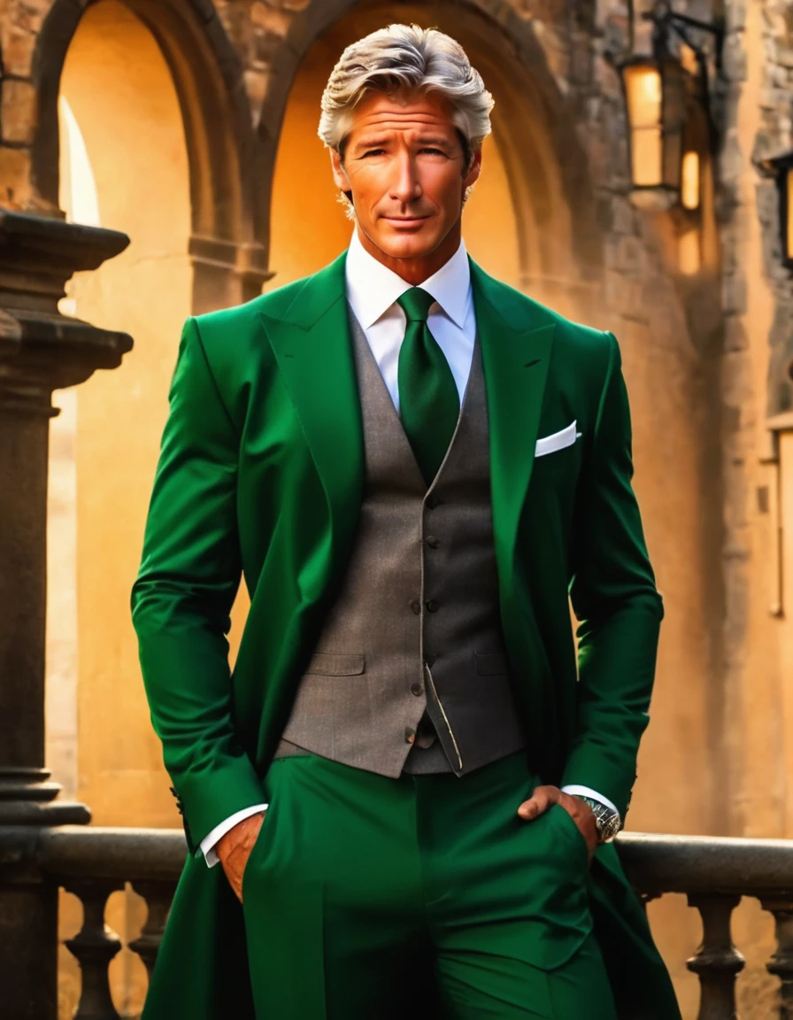 Gere um homem-FEITICEIRO EUROPEU BONITO, FORTE, BRUTAL, altamente detalhado e fotorrealista, com quase trinta anos. Jack has tanned skin with subtle lines from outdoor exposure, deep green eyes that reflect determination and tiredness, cabelo preto comprido, FULL BUSINESS SUIT DRESS, Estilo fantasia. CASTELO DE OUTONO NO FUNDO