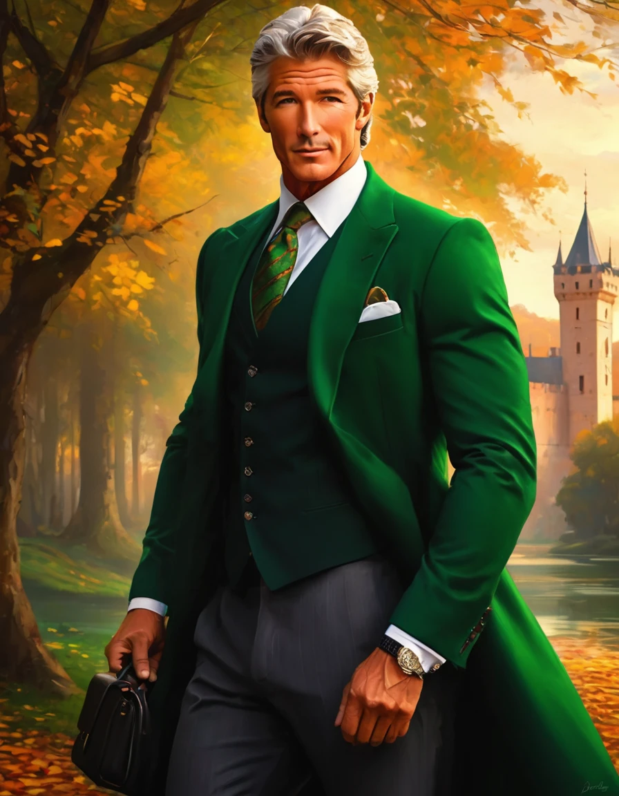 Gere um homem-FEITICEIRO EUROPEU BONITO, FORTE, BRUTAL, altamente detalhado e fotorrealista, com quase trinta anos. Jack has tanned skin with subtle lines from outdoor exposure, deep green eyes that reflect determination and tiredness, cabelo preto comprido, FULL BUSINESS SUIT DRESS, Estilo fantasia. CASTELO DE OUTONO NO FUNDO