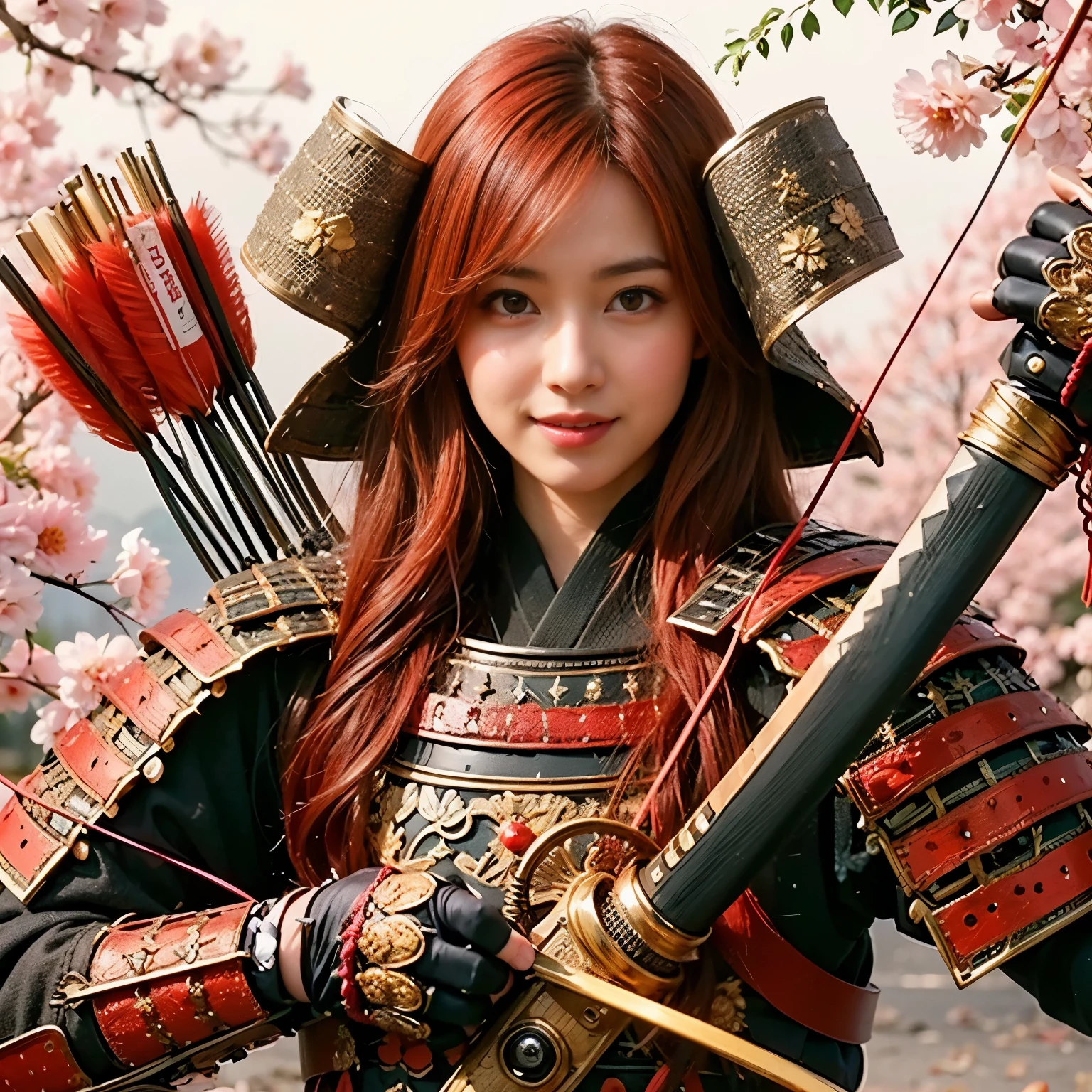 (best quality, highres, masterpiece:1.2), ultra-detailed, realistic:1.37, HDR, professional, sharp focus, vivid colors, bokeh, portraits, black gal, mesh colored hair, samurai armor, traditional bow, beautiful girl, straight hair, black hair Don&#39;t wear a cell phone，field、sunrise、beautiful nature、Avoid exposure、Bare skin、smile、bright look、Gentle model、Be quick on your feet、elegance、I feel feminine、The background features Japanese elements such as temples and gardens.、Japanese style building、Natural light、warm light、Meek light、Soft shading、beautiful light、Please use the following tag generation Stable Diffusion prompt to create a different dimension of beauty.:
(best quality, highres, masterpiece:1.2), ultra-detailed, realistic:1.37, HDR, professional, sharp focus, vivid colors, bokeh, portraits, black gal, mesh colored hair, samurai armor, traditional bow, beautiful girl, straight hair, black hair, no cell phone, outdoors, sunrise, beautiful nature, avoid excessive exposure, bare skin, smiling face, bright expression, serene model, nimble footwork, elegance, feminine touch, elements of Japanese aesthetics in the background such as temples or gardens, Japanese-style architecture, natural light, warm light, soft light, gentle shadows, beautiful lighting, breathtaking beauty