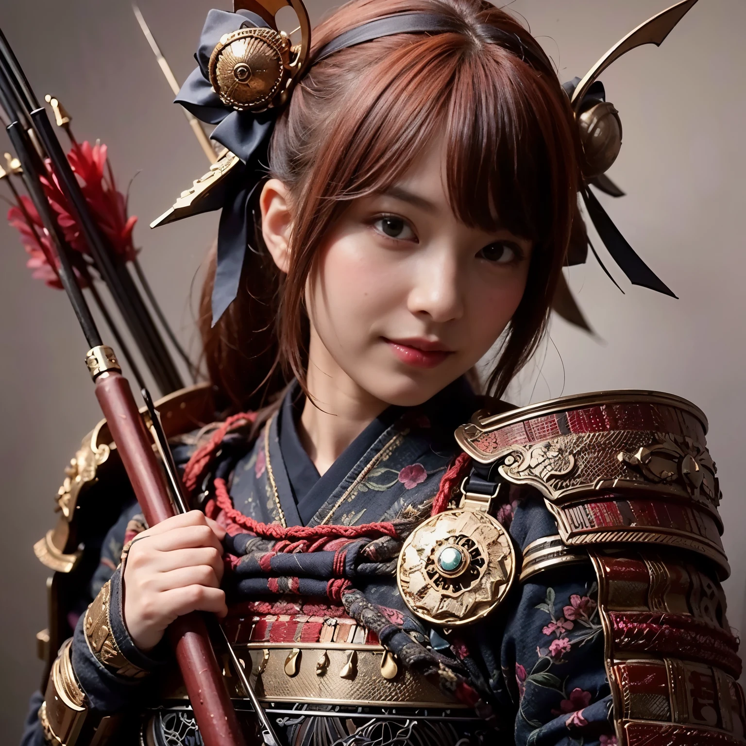 (best quality, highres, masterpiece:1.2), ultra-detailed, realistic:1.37, HDR, professional, sharp focus, vivid colors, bokeh, portraits, black gal, mesh colored hair, samurai armor, traditional bow, beautiful girl, straight hair, black hair Don't wear a cell phone,field、sunrise、beautiful nature、Avoid exposure、Bare skin、smile、bright look、Gentle model、Be quick on your feet、elegance、I feel feminine、The background features Japanese elements such as temples and gardens.、Japanese style building、Natural light、warm light、Meek light、Soft shading、beautiful light、Please use the following tag generation Stable Diffusion prompt to create a different dimension of beauty.:
(best quality, highres, masterpiece:1.2), ultra-detailed, realistic:1.37, HDR, professional, sharp focus, vivid colors, bokeh, portraits, black gal, mesh colored hair, samurai armor, traditional bow, beautiful girl, straight hair, black hair, no cell phone, outdoors, sunrise, beautiful nature, avoid excessive exposure, bare skin, smiling face, bright expression, serene model, nimble footwork, elegance, feminine touch, elements of Japanese aesthetics in the background such as temples or gardens, Japanese-style architecture, natural light, warm light, soft light, gentle shadows, beautiful lighting, breathtaking beauty