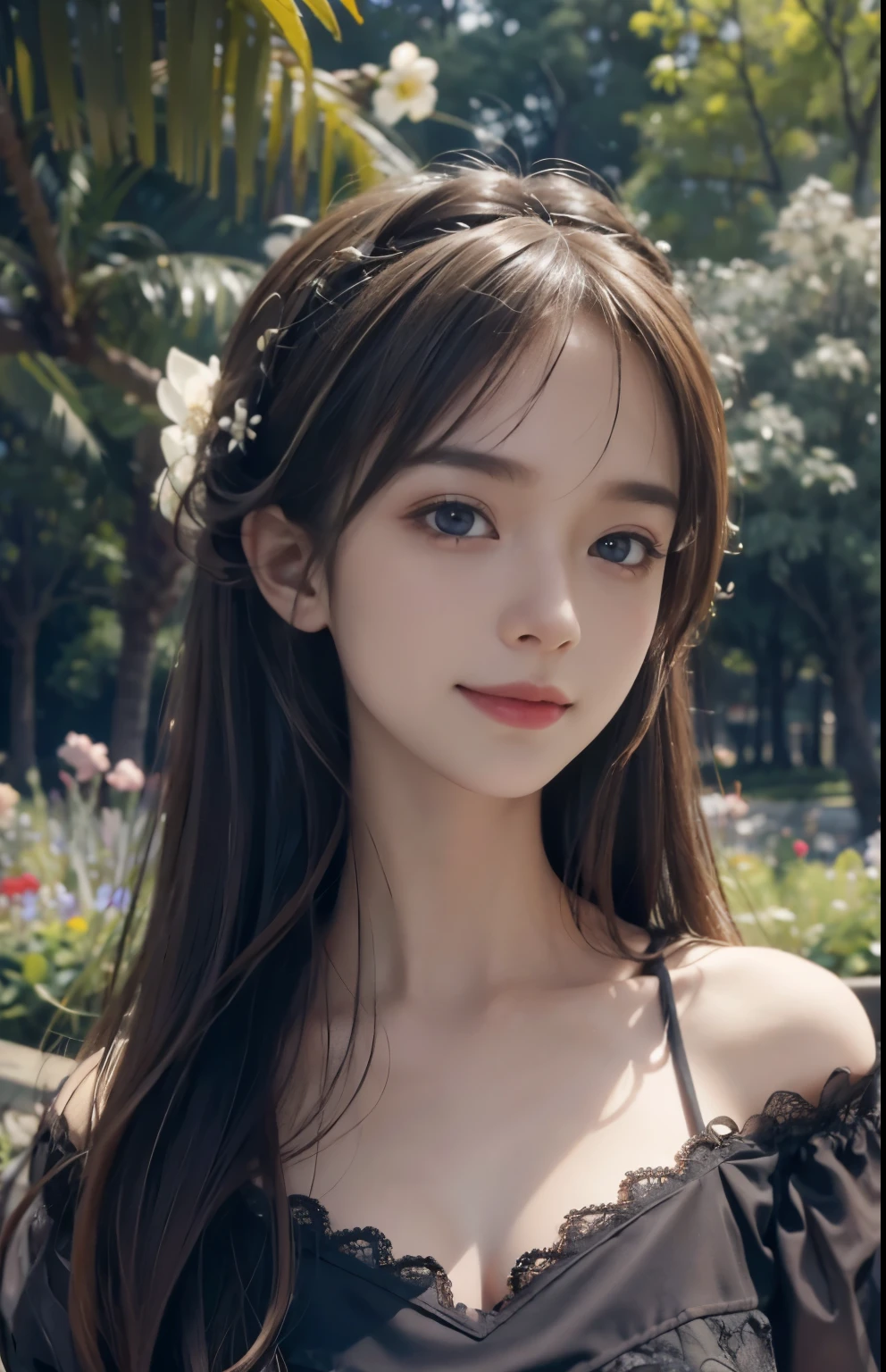 (ultra realistic) , (illustration), (increase resolution), (8K), (extremely detailed), (best illustration), (beautiful detailed eyes), (best quality), (ultra-detailed), (masterpiece), (wallpaper), (detailed face), solo,1 girl, looking at viewers, delicate details, in the dark, deep shadow, low key, pureerosfaceace_v1, happy smile, dark summer dress, full body, garden