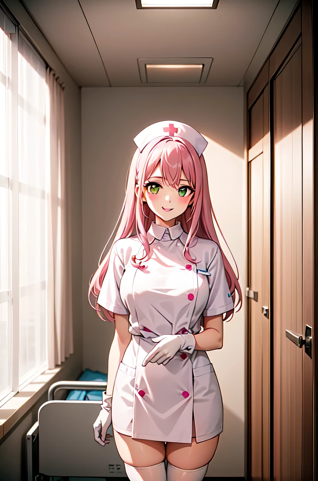 1woman, solo, nurse, white nurse cap, white nurse uniform, ((white legwear, zettai ryouiki)), white gloves, pink hair, green eyes, drooping eyes, pink lips, smile, standing, ((hospital room)), sharp outline, short sleeves, mature female, 32 years old, best quality, masterpiece