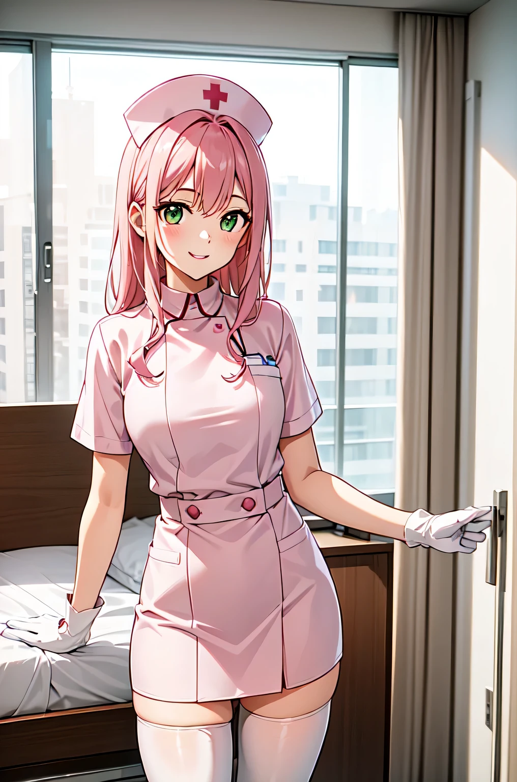 1woman, solo, nurse, white nurse cap, white nurse uniform, ((white legwear, zettai ryouiki)), white gloves, pink hair, green eyes, drooping eyes, pink lips, smile, standing, ((hospital room)), sharp outline, short sleeves, mature female, 32 years old, best quality, masterpiece