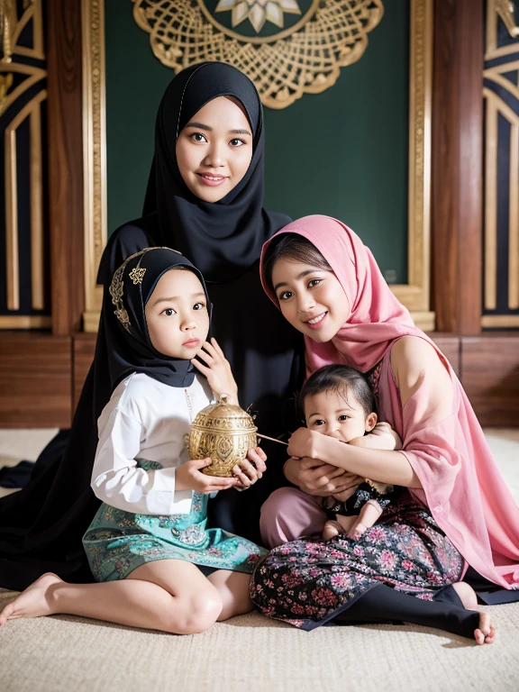 foto keluarga indonesia, empat anggota, satu ayah usia 35 tahun, satu ibu usia 33 tahun, satu anak perempuan usia 10 tahun dan satu anak laki-laki usia 2 tahun. mereka kompak memakai baju muslim khas melayu warna cokelat mewah dan gamis sharia warna yang sama dan selaras, foto studio, ruang tamu cerah, pencahayaan siang, dinding dengan seni grafiti bertuliskan selamat lebaran idul Fitri, seni Doodle ketupat, bulan bintang, realistik.