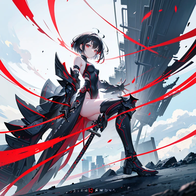 black hair,red eyes,short hair,sister head,earring ,Two white hairpins,Mechanical armor,fantasy style,high tech盔甲,high tech,whole body,stand on the ground,Katana in hand,Does not expose fingers,The background is the city,Blue sky and white clouds