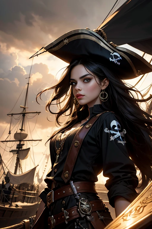 (best quality,4k,8k,highres,masterpiece:1.2),ultra-detailed,black long hair,beautiful detailed eyes,pouty lips,piercing gaze,confident expression,pirate hat with skull and crossbones,golden earrings, a see through white shirt, pirate sword,ship in the background,stormy sky,gritty and realistic,high contrast lighting,strong shadows and highlights,dramatic atmosphere,warm color tones,moody and intense,swashbuckling adventur