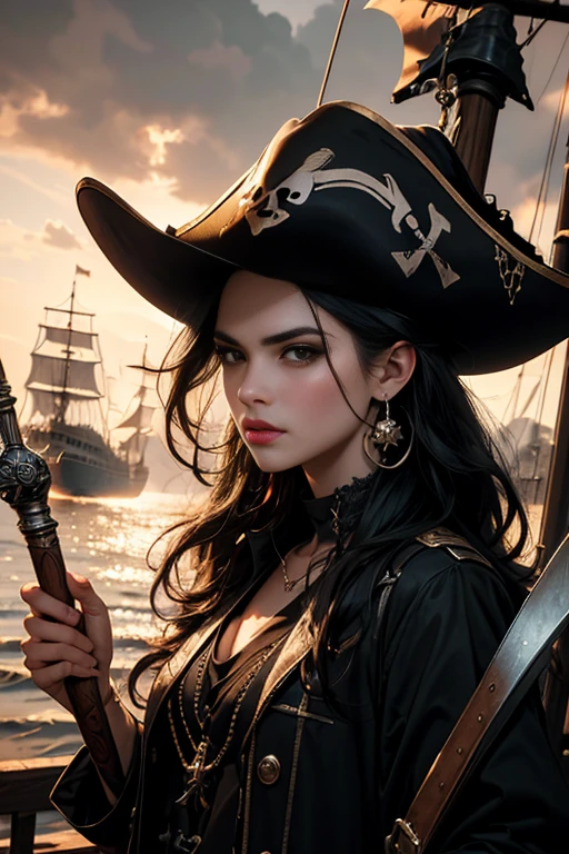 1970's dark fantasy heavy metal. teen natalie portman as pirate girl. (pirate ship night desolation). freckles. slender and beautiful. intricate detail. red leather outfit. vibrant colors