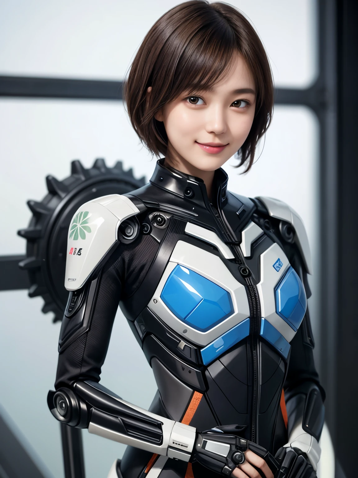 207 Short Hair, 20 year old female, Floral, gentle smile, futuristic clothes, mechanical suit