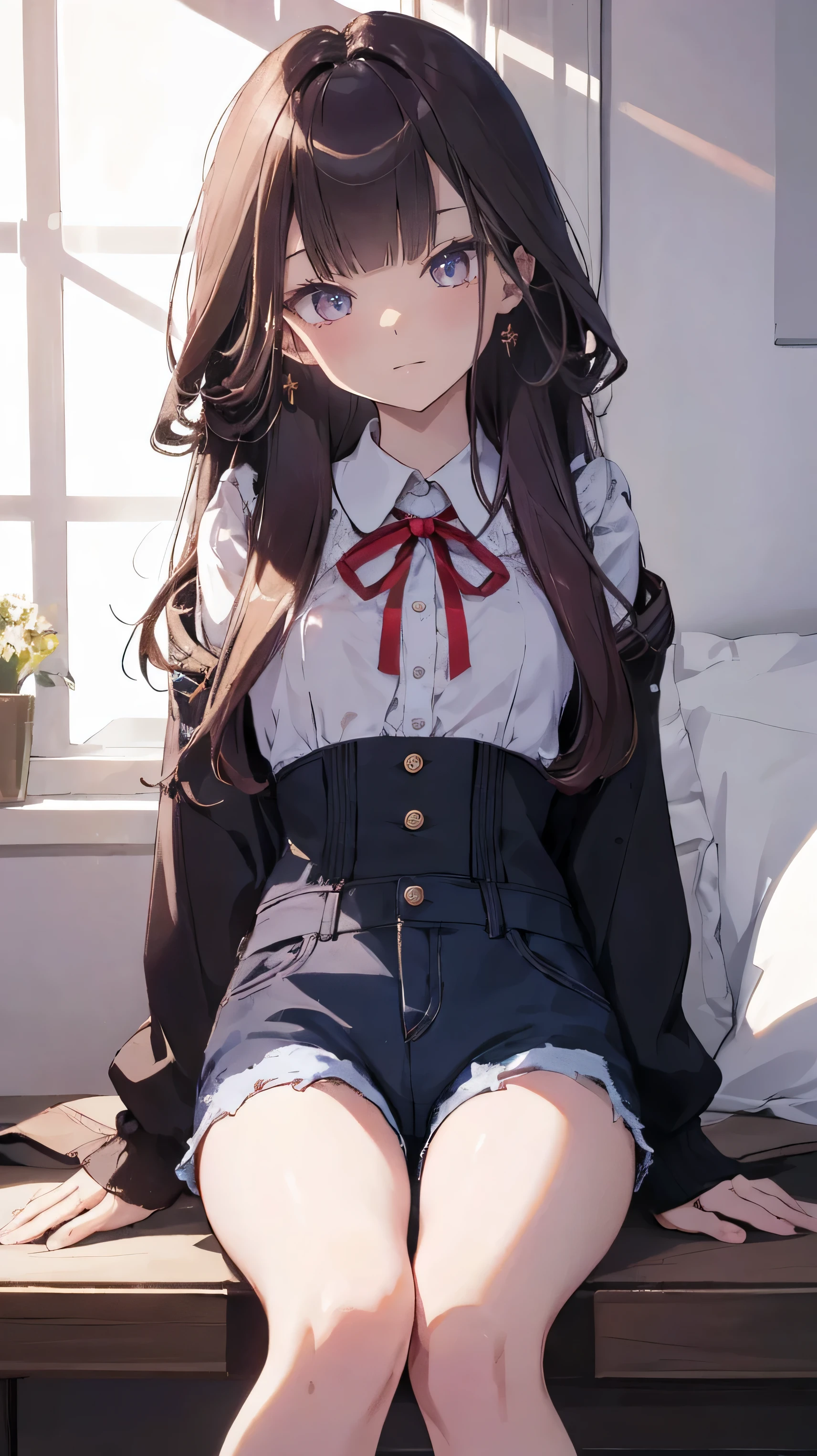 master piece、Highest image quality、highest quality、 ((panic))、glossy hair quality、small face、sitting、Super detailed and beautiful bright eyes、Super detailed clear and beautiful face、(cute illustration:1.2), High-resolution, ultra-detailed, best quality, embarrassed、(Gaps in shorts).(Cute underwear that can be seen at a glance)