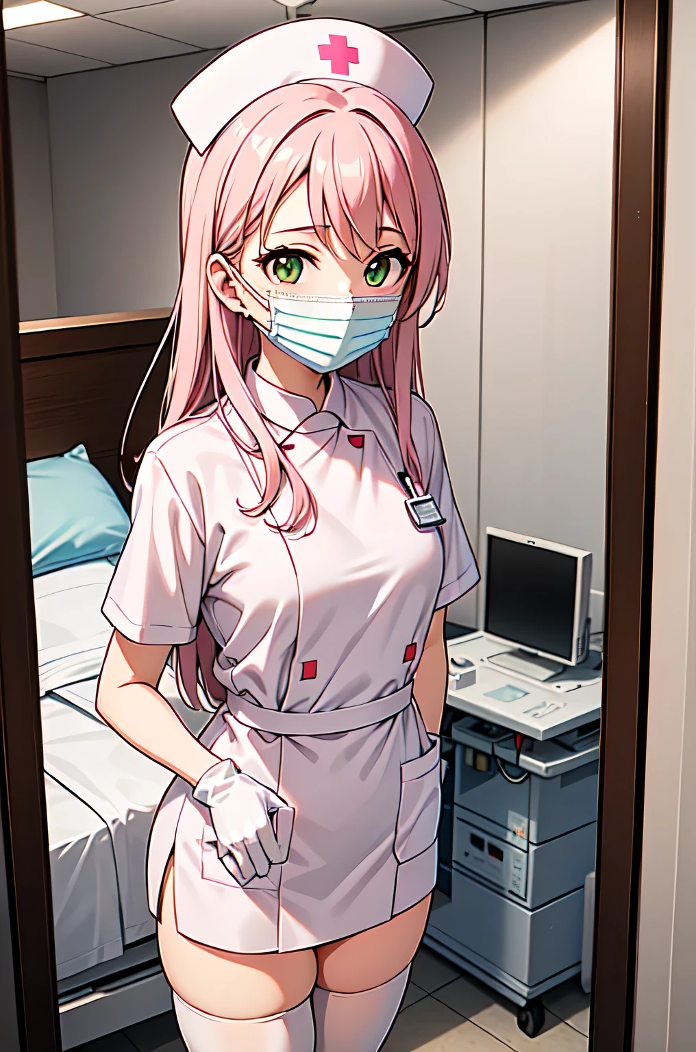 1woman, solo, nurse, white nurse cap, white nurse uniform, ((white legwear, zettai ryouiki)), white gloves, pink hair, green eyes, drooping eyes, ((white surgical mask, covered nose)), standing, ((hospital room)), sharp outline, short sleeves, mature female, 32 years old, best quality, masterpiece