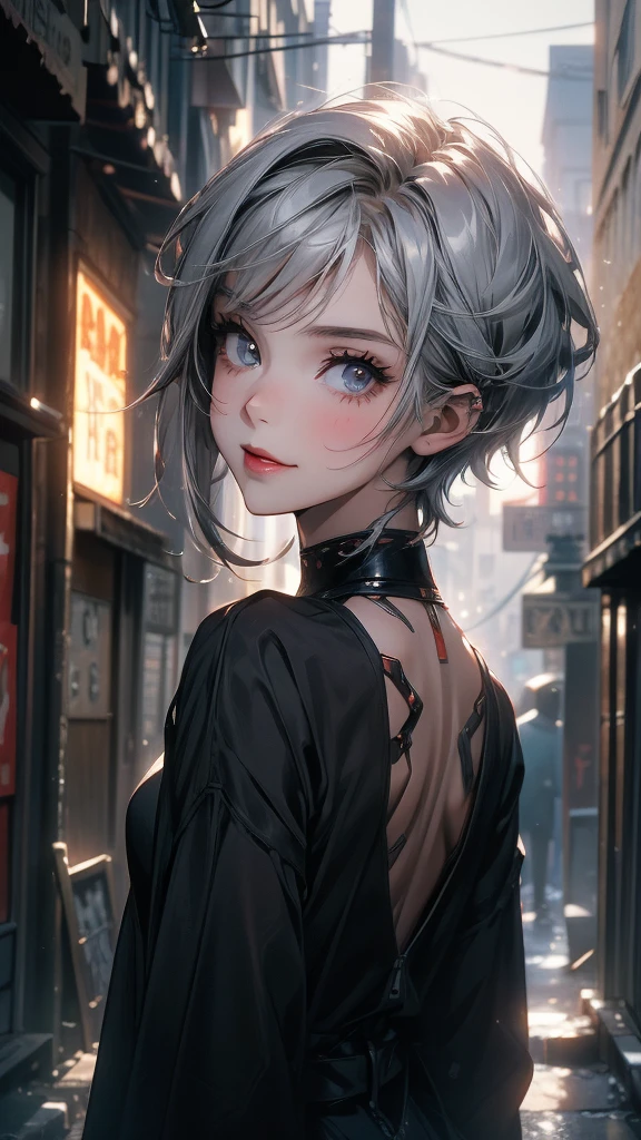 ((20 year old woman, Composition from head to stomach, upper body focus)), smile, detailed eyes, Nostalgic Fashion, Asymmetrical punk short hair:1.2, ash gray hair, A deserted back alley in Paris:1.3, cinematic lighting, anime style, simple lines,