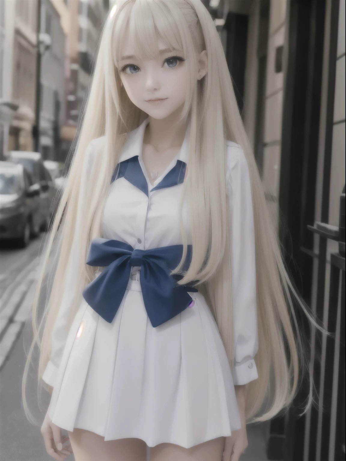 portlate、School Uniforms、bright expression、poneyTail、Young shiny shiny white shiny skin、Best Looks、Blonde reflected light、Platinum blonde hair with dazzling highlights、shiny light hair,、Super long silky straight hair、Beautiful bangs that shine、Glowing crystal clear attractive big blue eyes、Very beautiful nice cute 16 year old girl、Lush bust