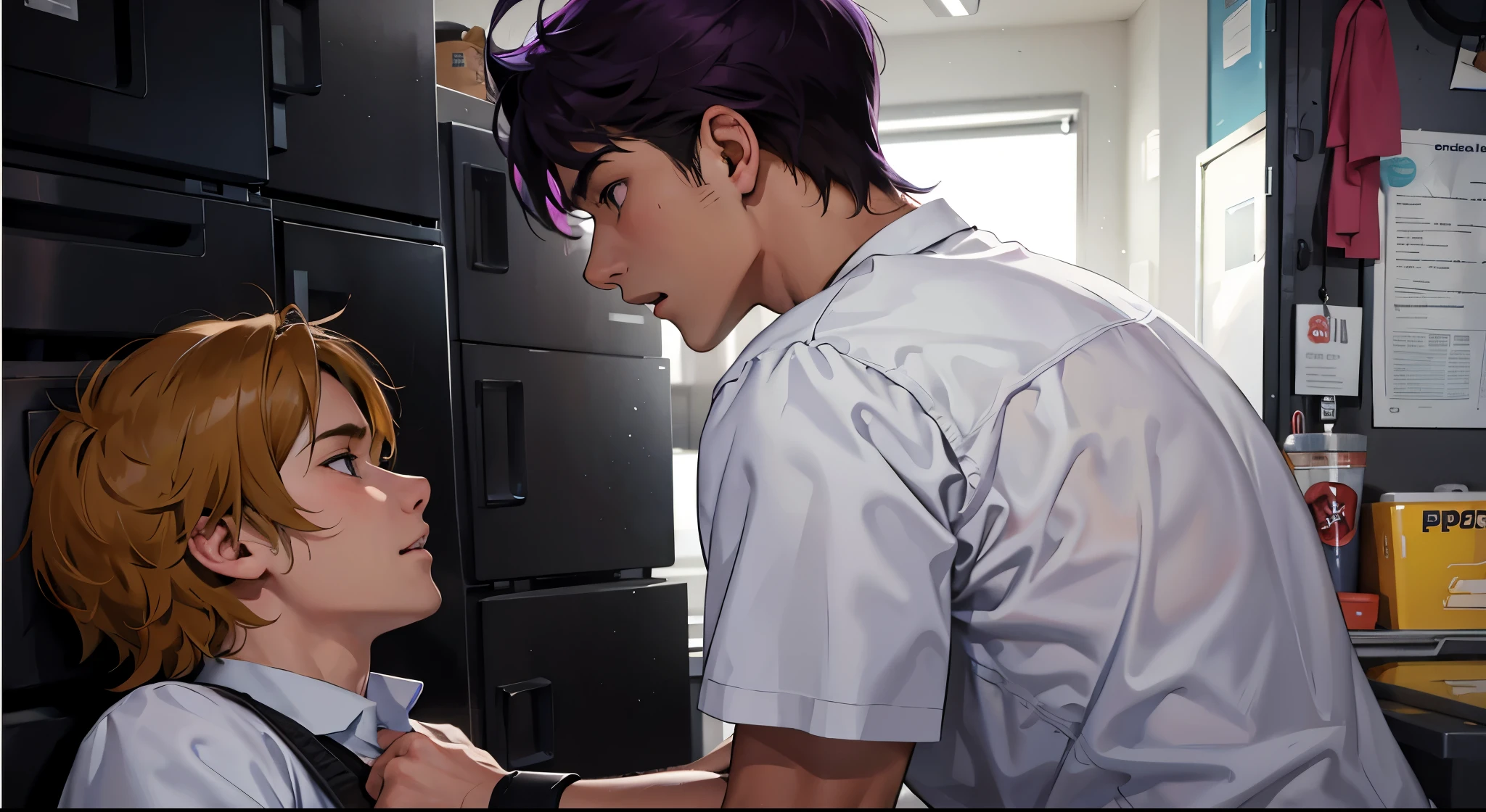 There are two -yeld hischool students, he is shouting, hitting, he is angry, intimidating him, hitting him, brown hair and purple hair.