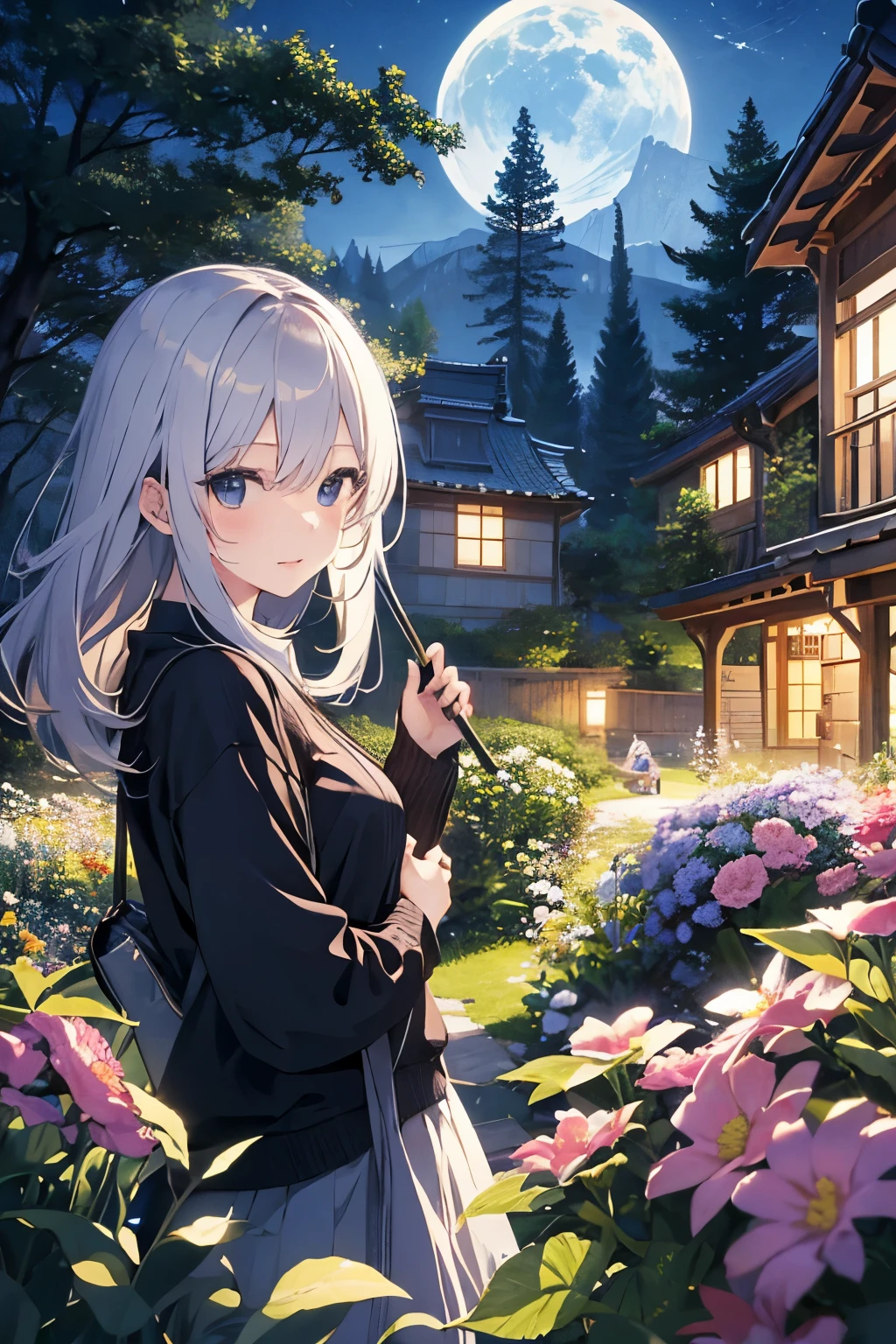 (Pretty sister:1.3)、spring atmosphere、night、aggressive、garden