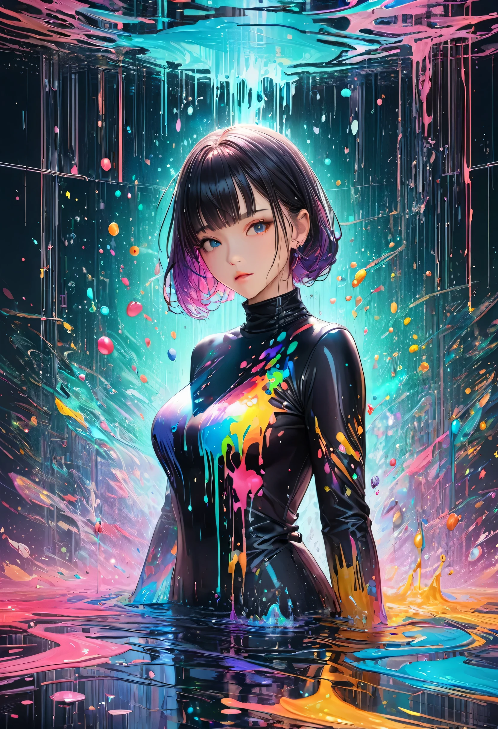 ((1 girl)), colorful, Dot, Colorful paint, splash paint, liquid, fog, Bright colors, matrix, hologram, disorganized, Detailed, Super detailed, very detailed, Complex, masterpiece, 8k，KHD，8K resolution，master piece