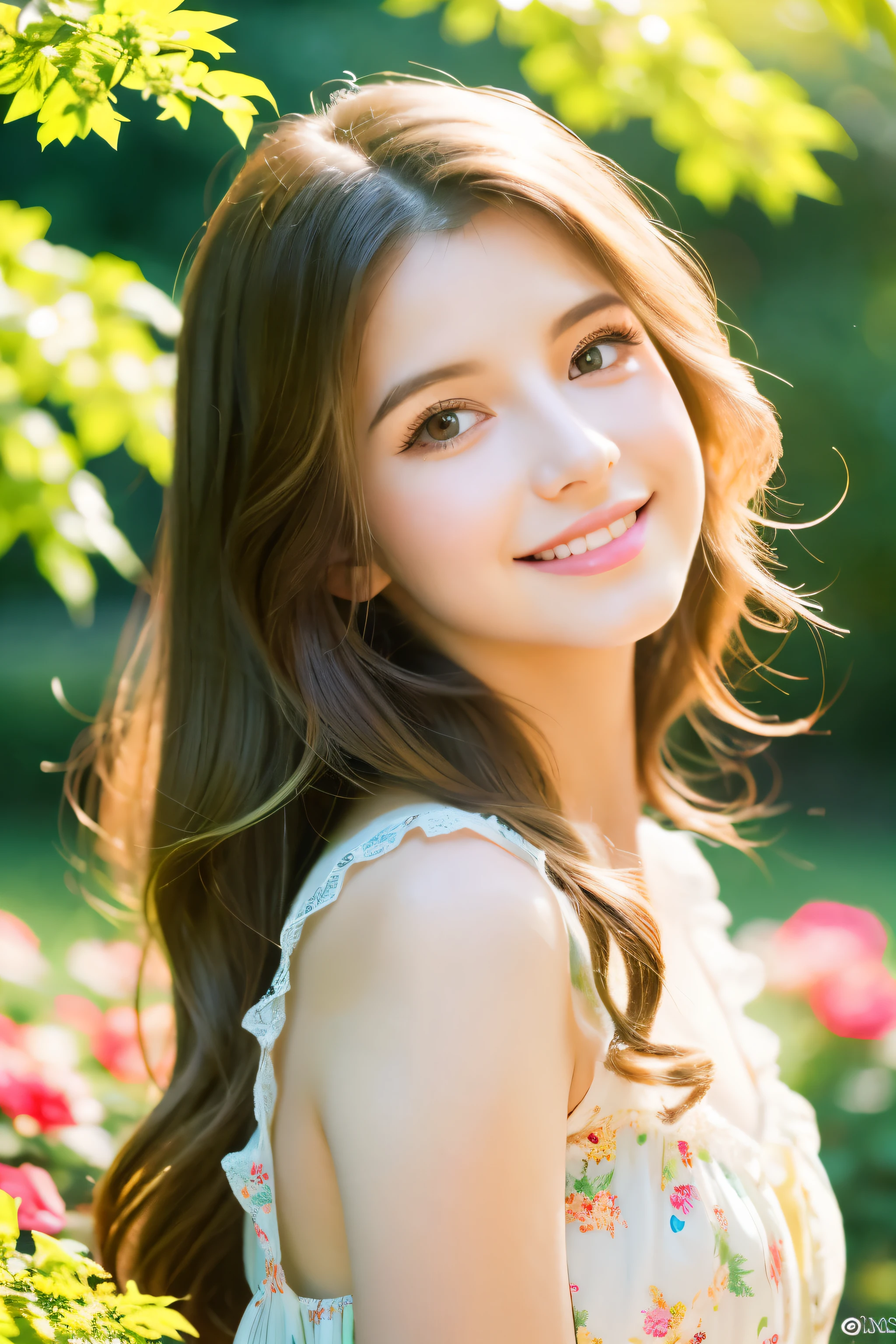 best quality,4k,8k,highres,masterpiece:1.2,vivid colors,portraits,A girl in a garden,beautiful detailed eyes,beautiful detailed lips,extremely detailed eyes and face,long eyelashes,soft and flowing hair,natural and glowing skin,lovely smile,fluttering summer dress,freshly bloomed flowers,green grass and trees,warm sunlight,playful pose,serene atmosphere,soft color palette,subtle lighting effects