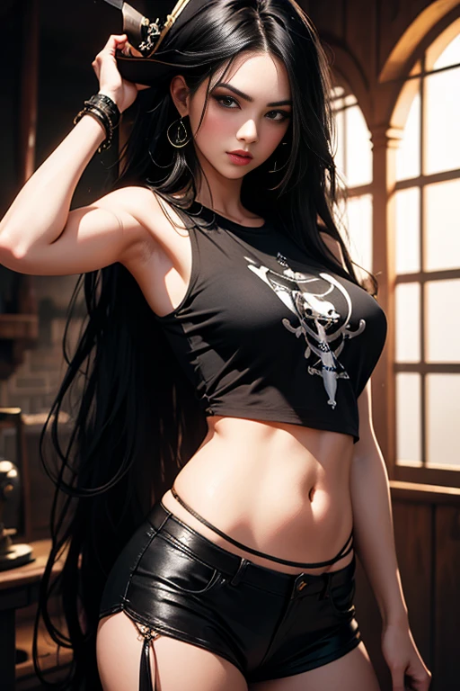 a sexy pirate woman with long black hair and transparent t-shirt