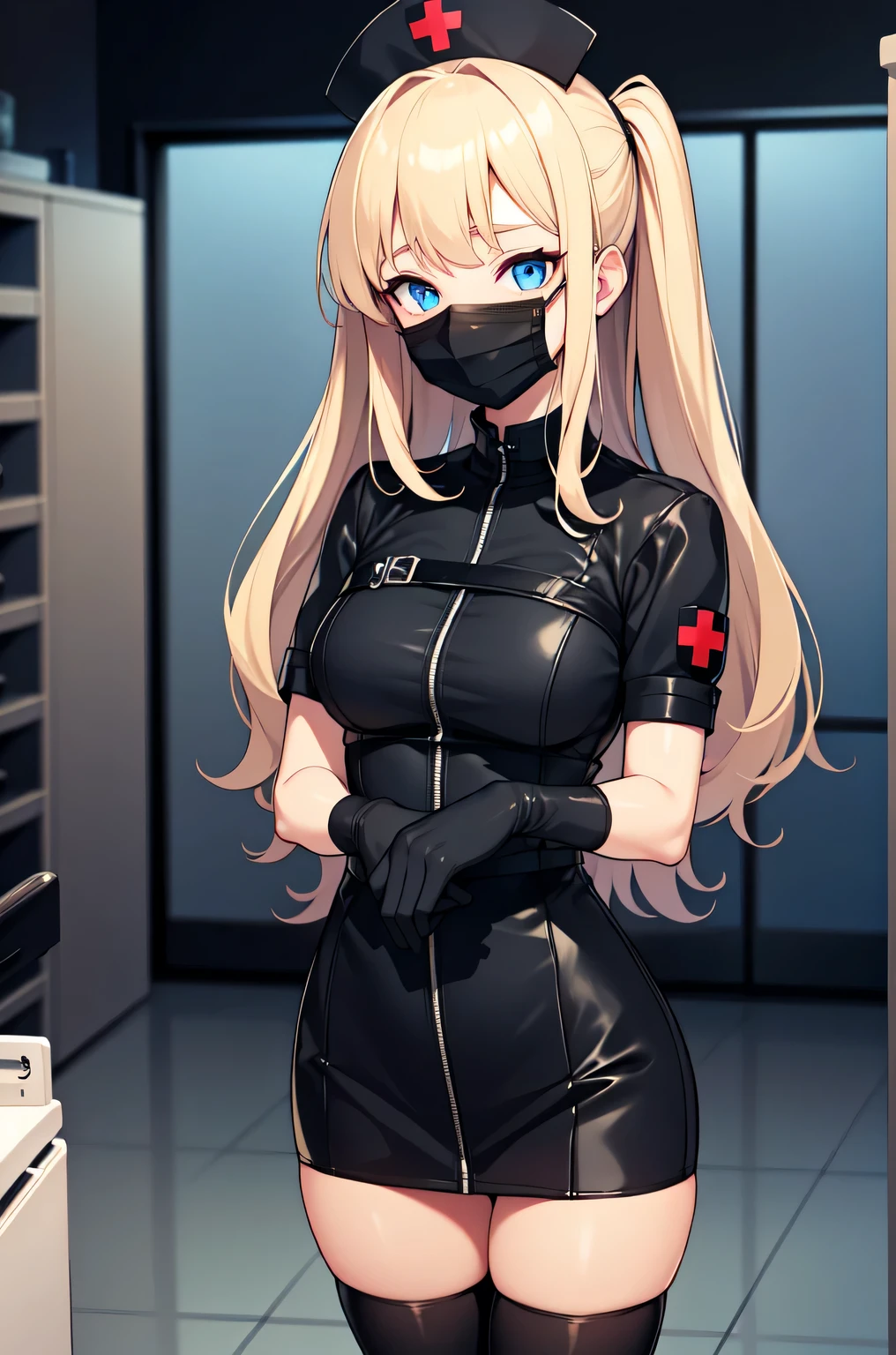 black nurse, 1woman, solo, black nurse cap, black nurse uniform, ((black legwear, zettai ryouiki)), black elbow gloves, blonde hair, blue eyes, ((black surgical mask, covered nose)), standing, ((surgery room)), sharp outline, short sleeves, mature female, 35 years old, best quality, masterpiece