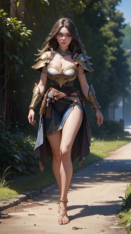 Young woman, Short series, (red hair, long hair, long hairมาก), (Huge breasts, big breast, Breast augmentation), (small waist, thin body), (majestic, Charming Succubus), (Short white dress, tight fitting, gold pattern), (Red coat, Cloak of Float), (Low-angle shots, Walking posture), (sky backdrop, cliff, meadow), (holding a wizard&#39;s long staff)