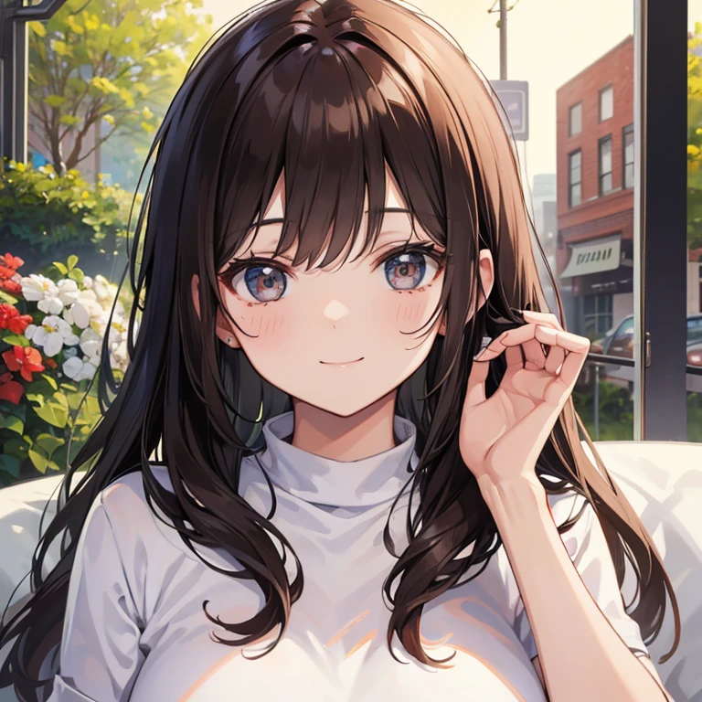 masterpiece, best quality, ultra detailed, highres,8k,BREAK,20 years old,girl,brown hair ,face focus, smile,