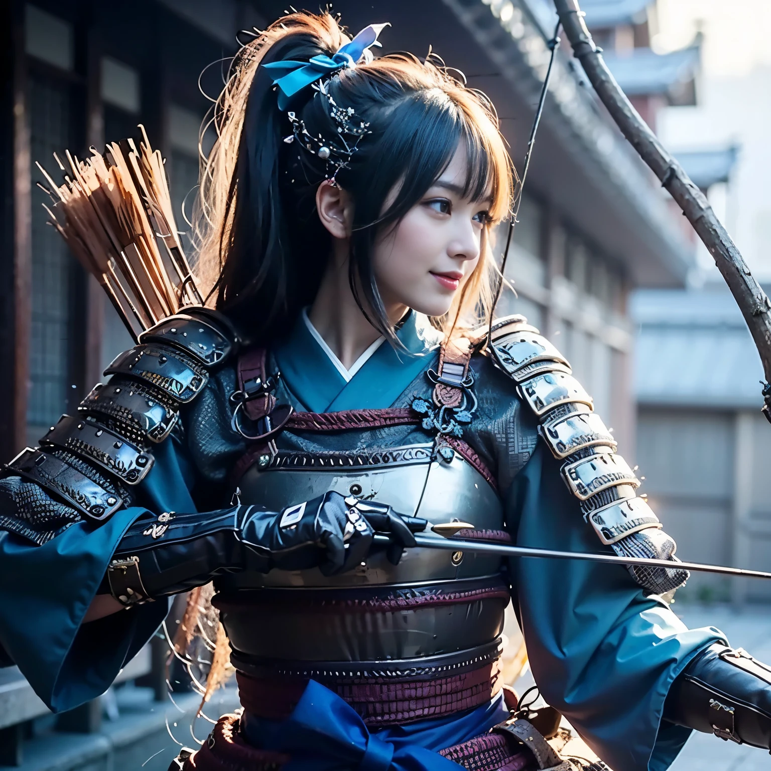 (best quality, highres, masterpiece:1.2), ultra-detailed, realistic:1.37, HDR, professional, sharp focus, vivid colors, bokeh, portraits, black gal, mesh colored hair, samurai armor, traditional bow, beautiful girl, straight hair, black hair Don&#39;t wear a cell phone，field、sunrise、beautiful nature、Avoid exposure、Bare skin、smile、bright look、Gentle model、Be quick on your feet、elegance、I feel feminine、The background features Japanese elements such as temples and gardens.、Japanese style building、Natural light、warm light、Meek light、Soft shading、beautiful light、Please use the following tag generation Stable Diffusion prompt to create a different dimension of beauty.:
(best quality, highres, masterpiece:1.2), ultra-detailed, realistic:1.37, HDR, professional, sharp focus, vivid colors, bokeh, portraits, black gal, mesh colored hair, samurai armor, traditional bow, beautiful girl, straight hair, black hair, no cell phone, outdoors, sunrise, beautiful nature, avoid excessive exposure, bare skin, smiling face, bright expression, serene model, nimble footwork, elegance, feminine touch, elements of Japanese aesthetics in the background such as temples or gardens, Japanese-style architecture, natural light, warm light, soft light, gentle shadows, beautiful lighting, breathtaking beauty