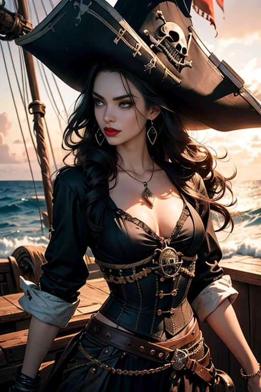 (a sexy pirate woman:1.1,long black hair:1.1,transparent t-shirt:1.1),detailed eyes and face,captivating smile,mesmerizing gaze,daring and confident expression,vibrant red lipstick,perfectly shaped eyebrows,fierce and intense look,beautifully styled hair,wild and untamed curls,sultry and seductive appearance,pirate hat,pirate sword,treasure map,shipwrecked background,sailing on a pirate ship in a stormy sea,striking pirate outfit with corset and high-waisted skirt,bold and adventurous pose,pearl necklace and earrings,pirates of the Caribbean inspired art style,vivid and dramatic colors,contrast between light and shadow,soft and warm lighting effect,ocean breeze and salty air,glowing sunset in the background,underwater sea creatures surrounding her,provocative and mysterious atmosphere,highly detailed illustration,realistic textures and details.