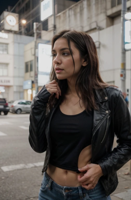 Uma linda mulher, rebelde, Face oval, sensitive lips, grandes olhos castanhos, 30 anos old, corpo desportivo magro, medium sized breast, on a street surrounded by neon lights, cyberpunk lighting conditions, 3/4 corpo, vista meio lateral, vestindo jeans preto rasgado, camiseta branca e jaqueta de couro, cabelo da cauda, garota mau, hands in pockets, mulher perigosa, rebeldeious look, the clothes are whole and constant, no text, fundo desfocado, cinematic lighting, desfoque de movimento, Film grain, muito detalhado, 30 anos, olhos castanhos escuros, high resolution, obra de arte, Melhor qualidade, detalhes intrincados, altamente detalhado, sharp focus, pele detalhada, realista skin textura, textura, olhos detalhados, profissional, 4K, 85 mm, profundidade superficial de campo, corpo em forma perfeita, extremamente detalhado, foto_\(ultra\), fotorealista, realista, Post-processing, maximum detail, rugosidade, Vida real, ultra realista, fotorealism, fotography, 8k hd, fotography (Film grain) medium shot to close-up, rosto mais longo e magro, rosto perfeito, hidden hands, levantando a blusa e mostrando um seio nu