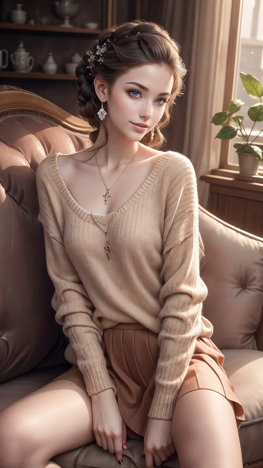 ((top-quality、8K、​masterpiece:1.3))、Beautuful Women、1girl in、A dark brown-haired、(Sleep in bed、open one's legs:1.2)、二重まぶた、delicate neck、mysterious lighting