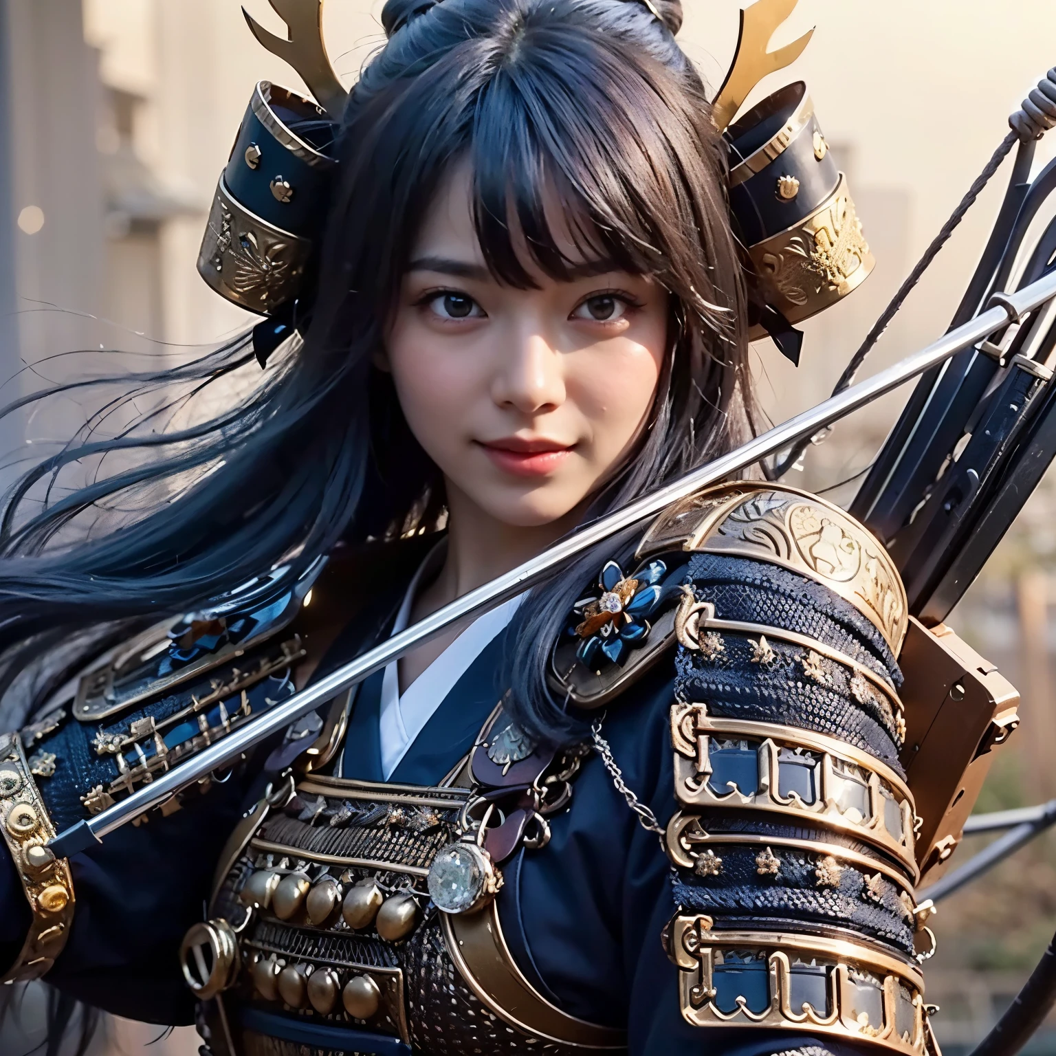 (best quality, highres, masterpiece:1.2), ultra-detailed, realistic:1.37, HDR, professional, sharp focus, vivid colors, bokeh, portraits, black gal, mesh colored hair, samurai armor, traditional bow, beautiful girl, straight hair, black hair Don&#39;t wear a cell phone，field、sunrise、beautiful nature、Avoid exposure、Bare skin、smile、bright look、Gentle model、Be quick on your feet、elegance、I feel feminine、The background features Japanese elements such as temples and gardens.、Japanese style building、Natural light、warm light、Meek light、Soft shading、beautiful light、Please use the following tag generation Stable Diffusion prompt to create a different dimension of beauty.:
(best quality, highres, masterpiece:1.2), ultra-detailed, realistic:1.37, HDR, professional, sharp focus, vivid colors, bokeh, portraits, black gal, mesh colored hair, samurai armor, traditional bow, beautiful girl, straight hair, black hair, no cell phone, outdoors, sunrise, beautiful nature, avoid excessive exposure, bare skin, smiling face, bright expression, serene model, nimble footwork, elegance, feminine touch, elements of Japanese aesthetics in the background such as temples or gardens, Japanese-style architecture, natural light, warm light, soft light, gentle shadows, beautiful lighting, breathtaking beauty