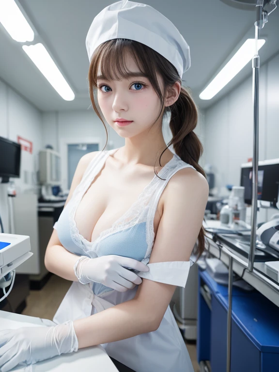 (RAW photo、best image quality)、(realistic、Photoreal:1.3)、wide angle photo、masterpiece、1 girl、cute、young、(Upper body:1.3)、twin tails、Glowing pale light blue eyes、、lifelike face、Creating diffused light、Create software。, Shines even more,big breasts,concentrated,Head ribbon at the hospital(operating room))、Surgical Gloves Medical Equipment
((((blanche))))Nurse uniform smooth、nurse、nurse hat、Stethoscope、realistic歯,view audience,Gloves dirty