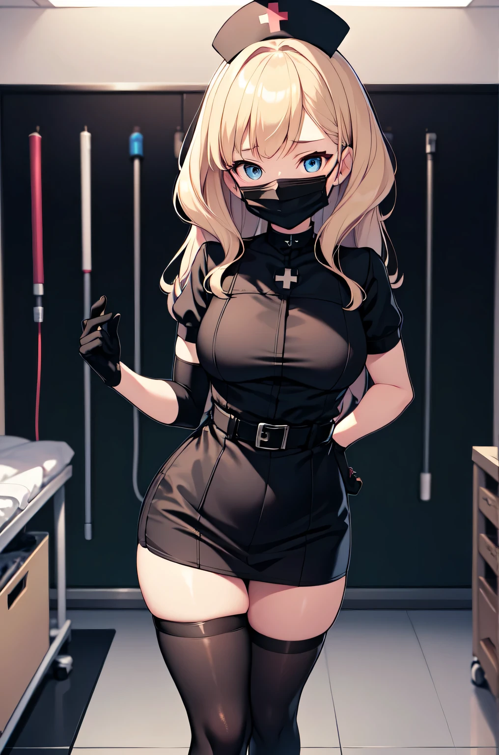 black nurse, 1woman, solo, black nurse cap, black nurse uniform, ((black legwear, zettai ryouiki)), black elbow gloves, blonde hair, blue eyes, ((black surgical mask, covered nose)), standing, ((surgery room)), sharp outline, short sleeves, mature female, 35 years old, best quality, masterpiece