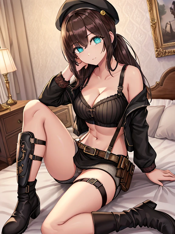 ubel,dark green hair,long hair,side ponytail,hair between eyes,bangs,  (beret, black jacket, open clothes, cleavage, midriff, (Make the subject look three-dimensional with the contrast of light and shadow),Cute and beautiful 22yo girl,(masterpiece:1.2), best quality, high resolution, unity 8k wallpaper, (illustration:0.8), (beautiful detailed eyes:1.6), extremely detailed face, perfect lighting, extremely detailed CG, (perfect hands, perfect anatomy),(brown eyes: 1.1),Brown hair,watching at viewers,black suspenders,(Bulging ,big breasts:1.1),tacticul jacet,Black miniskirt,garters,Gaze,Small face,bangss,holster,Belt Armament,Beautuful Women　srestrained,hands up,sitting Lying in bed,Leg holster ,Gaze,black boots,panty shot, extremely detailed face, perfect lighting, extremely detailed CG,