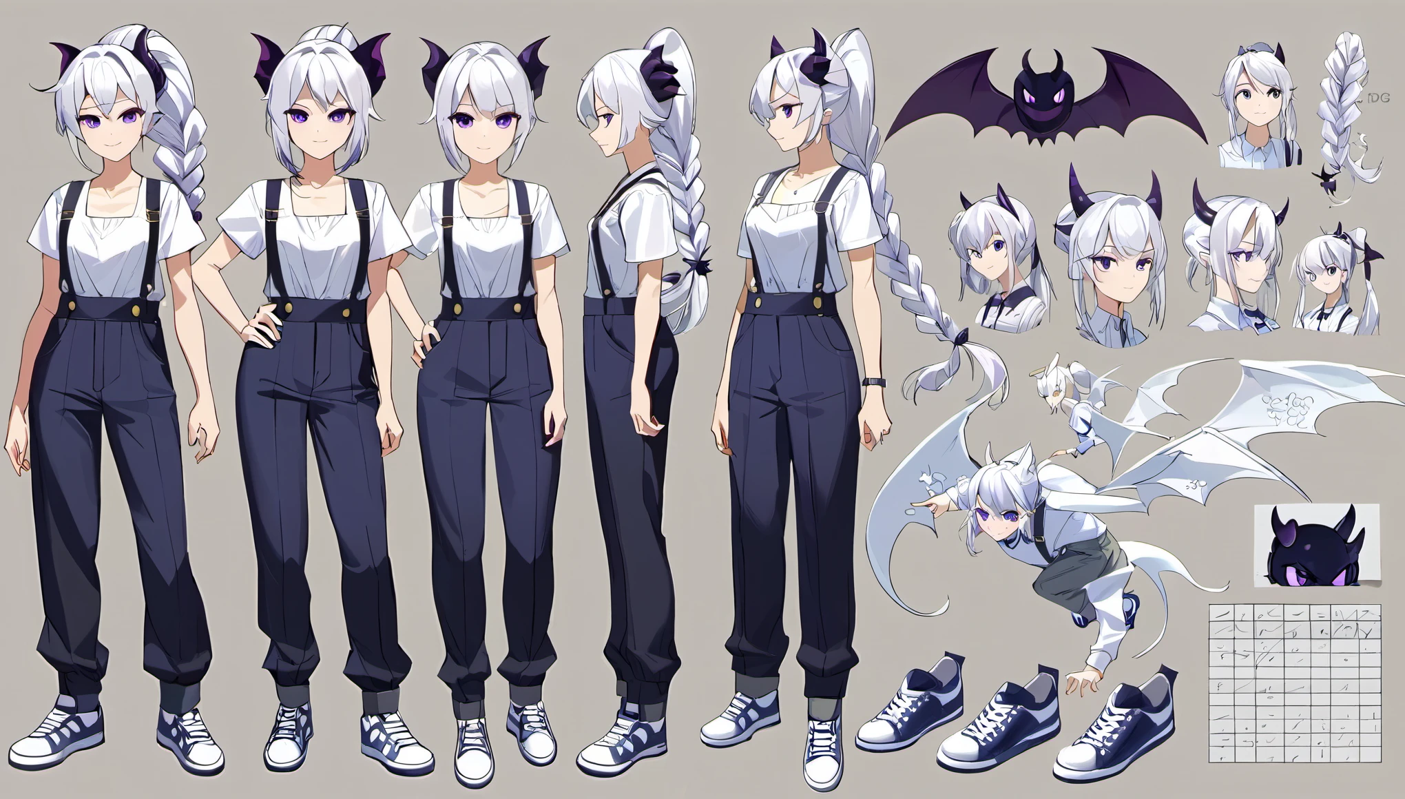 (Masterpiece, best quality), detailed, character sheet, many items (the same person, shirt, pants, lowered suspenders, , white sneakers, many parts), demon, narrow hips, demon girl, detailed beautiful purple eyes, detailed face, white hair and white skin, braided ponytail, demon horns, full of details.