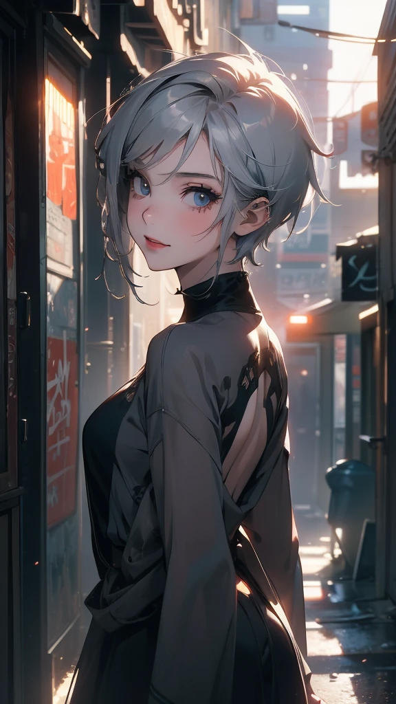 ((20 year old woman, Composition from head to stomach, upper body focus)), smile, detailed eyes, Nostalgic Fashion, Asymmetrical punk short hair:1.2, ash gray hair, A deserted back alley in Paris:1.3, cinematic lighting, anime style, simple lines,