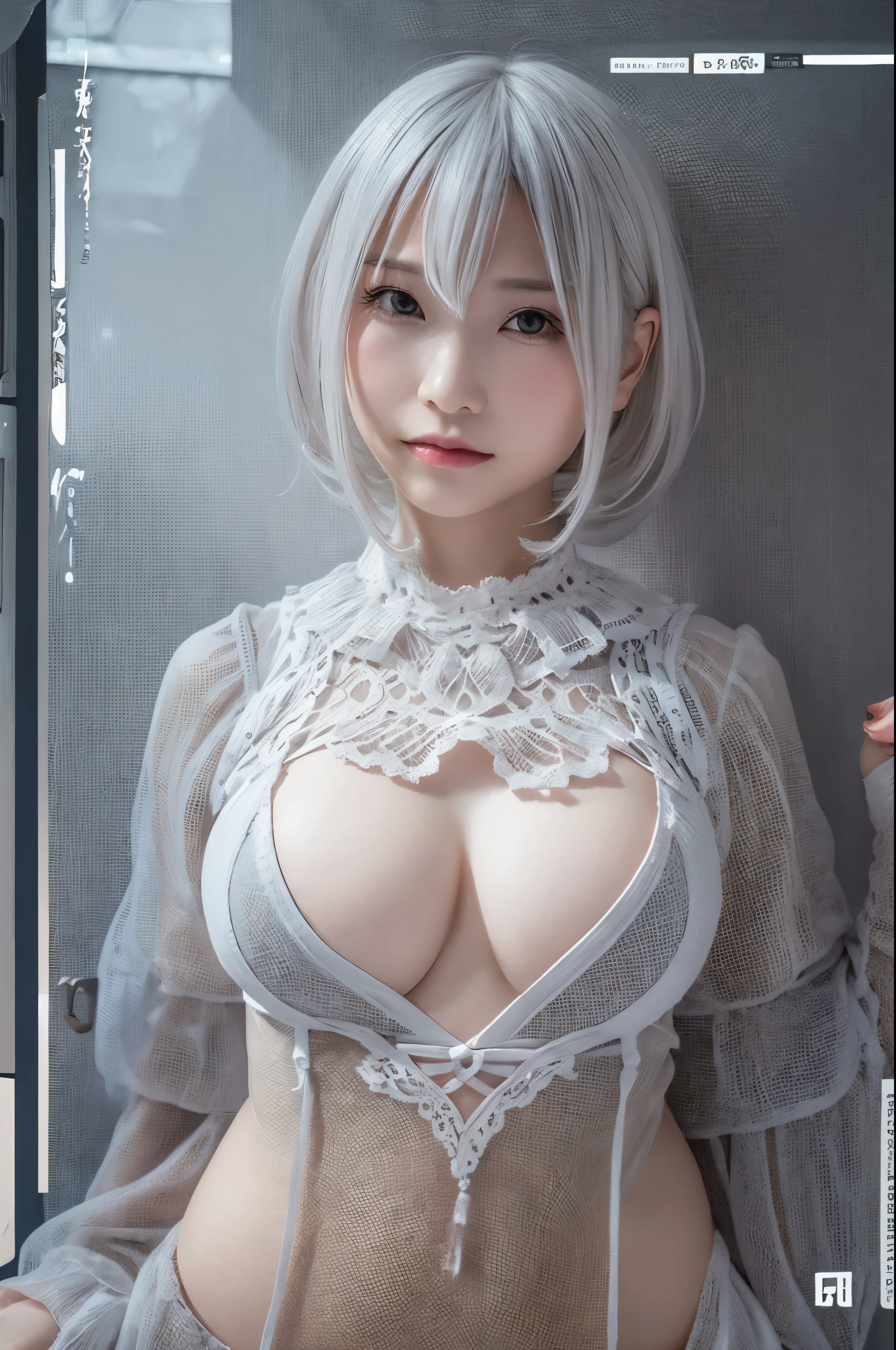 ((high quality)),table top,(Detailed depiction of local details:1.2),1 Japanese girl,(plump breasts:1.3),Enchanted Valley,closed mouth,eyelash,looking at the viewer,portrait,alone,Upper body,gray hair,white theme,short hair,silver hair,Yoruhano. 2 Type B,