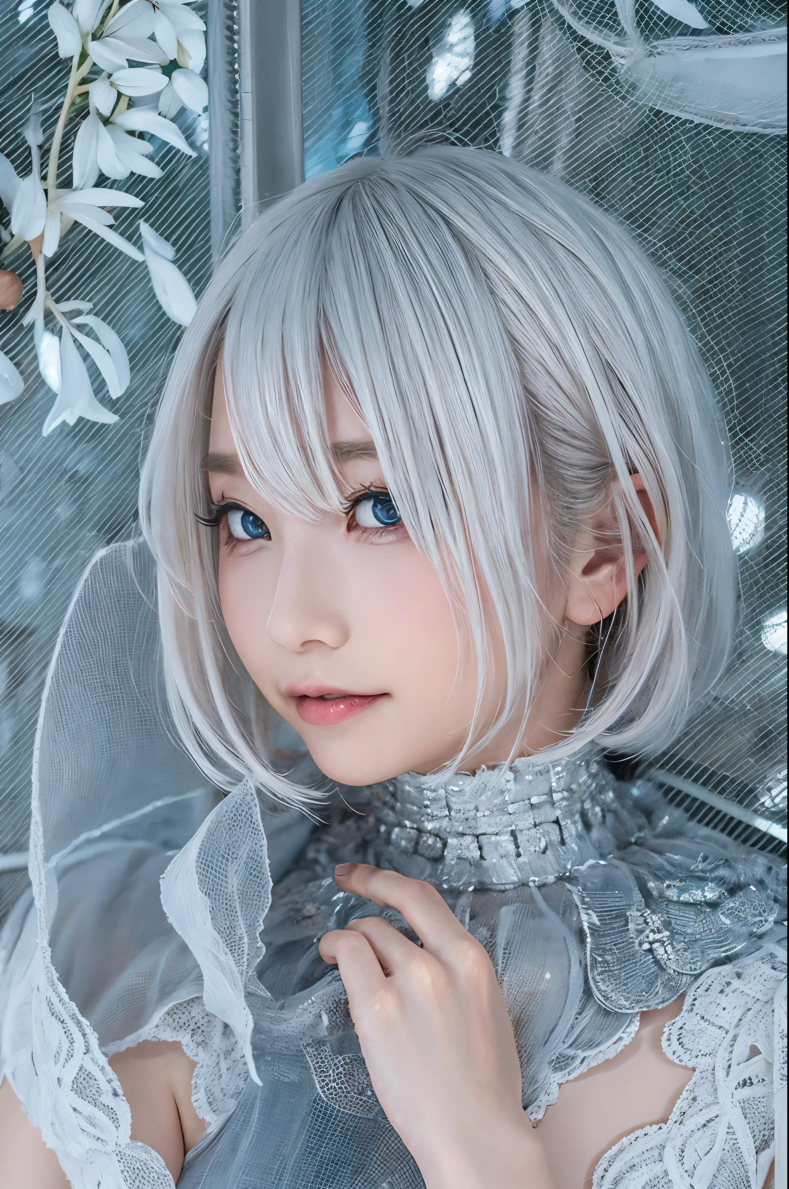 ((high quality)),table top,(Detailed depiction of local details:1.2),1 Japanese girl,(plump breasts:1.3),Enchanted Valley,closed mouth,eyelash,looking at the viewer,portrait,alone,Upper body,gray hair,white theme,short hair,silver hair,Yoruhano. 2 Type B,