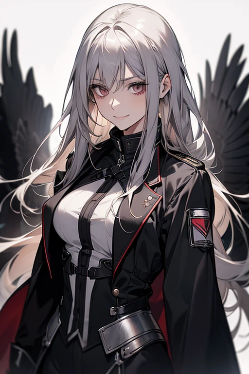(confused, High resolution, Super detailed), 1 female, silver hair,long hair,reddish brown eyes,black pilot jacket,Black and white suit,20th generation,Beautiful woman,shy smile,thin,Are thin,quiet,Calm,Carrying a white raven,Accompanied by many white crows,