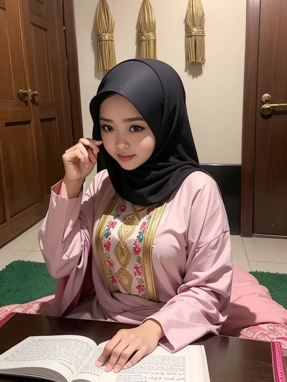foto keluarga indonesia, empat anggota, satu ayah usia 35 tahun, satu ibu usia 33 tahun, satu anak perempuan usia 10 tahun dan satu anak laki-laki usia 2 tahun. mereka kompak memakai baju muslim khas melayu warna cokelat mewah dan gamis sharia warna yang sama dan selaras, foto studio, ruang tamu cerah, pencahayaan siang, dinding dengan seni grafiti bertuliskan selamat lebaran idul Fitri, seni Doodle ketupat, bulan bintang, realistik.