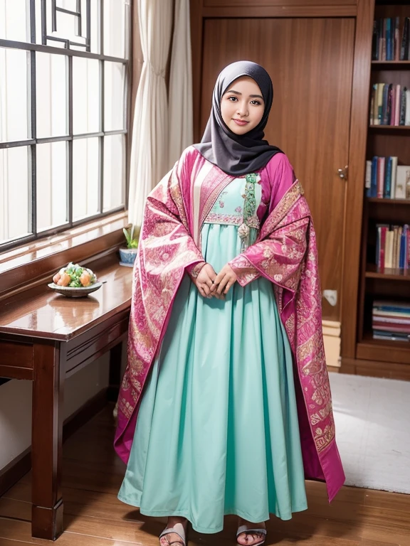 foto keluarga indonesia, empat anggota, satu ayah usia 35 tahun, satu ibu usia 33 tahun, satu anak perempuan usia 10 tahun dan satu anak laki-laki usia 2 tahun. mereka kompak memakai baju muslim khas melayu warna cokelat mewah dan gamis sharia warna yang sama dan selaras, foto studio, ruang tamu cerah, pencahayaan siang, dinding dengan seni grafiti bertuliskan selamat lebaran idul Fitri, seni Doodle ketupat, bulan bintang, realistik.