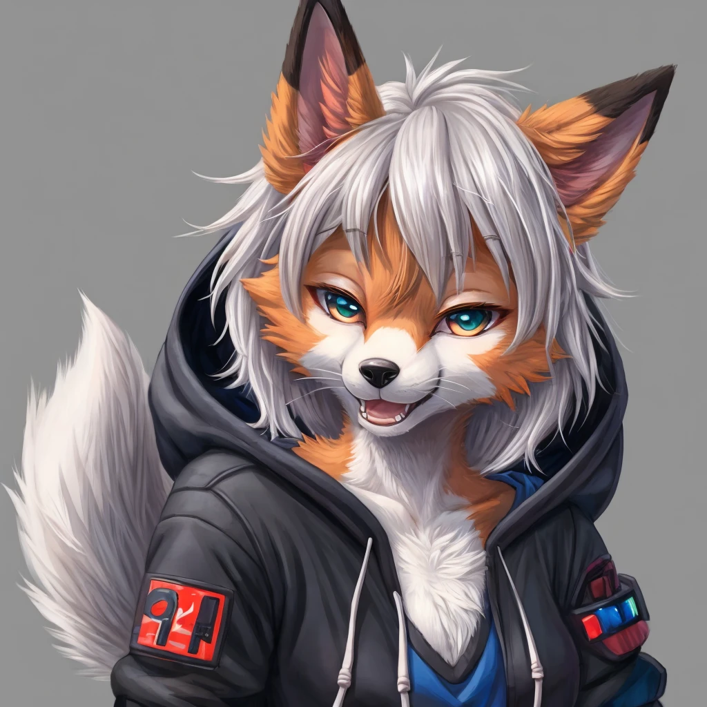 anime character with a cat like face and a hoodie, furry character, art of silverfox, furry character portrait, furry fursona, furry anime, furry furaffinity, kemono, furry art!!!, furry art, fursona art, fursona furry art commission, commission for high res, anthro art, female fursona, an anthropomorphic cyberpunk fox