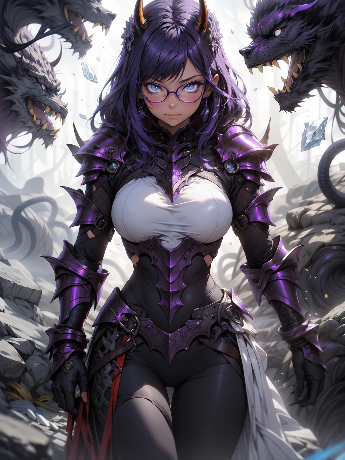 make it realistic,(masterpiece,highest quality,optimal quality,very detailed,fractal art,most detailed,(abstract background:1.5)(1 girl),Kamimei,Glasses,purple hair,(hair length),(shining blue eyes),big breasts,Abyss Stick、crystallization,high leotard,sexy,machine armor,demon horn、berserk、Armor Skirt