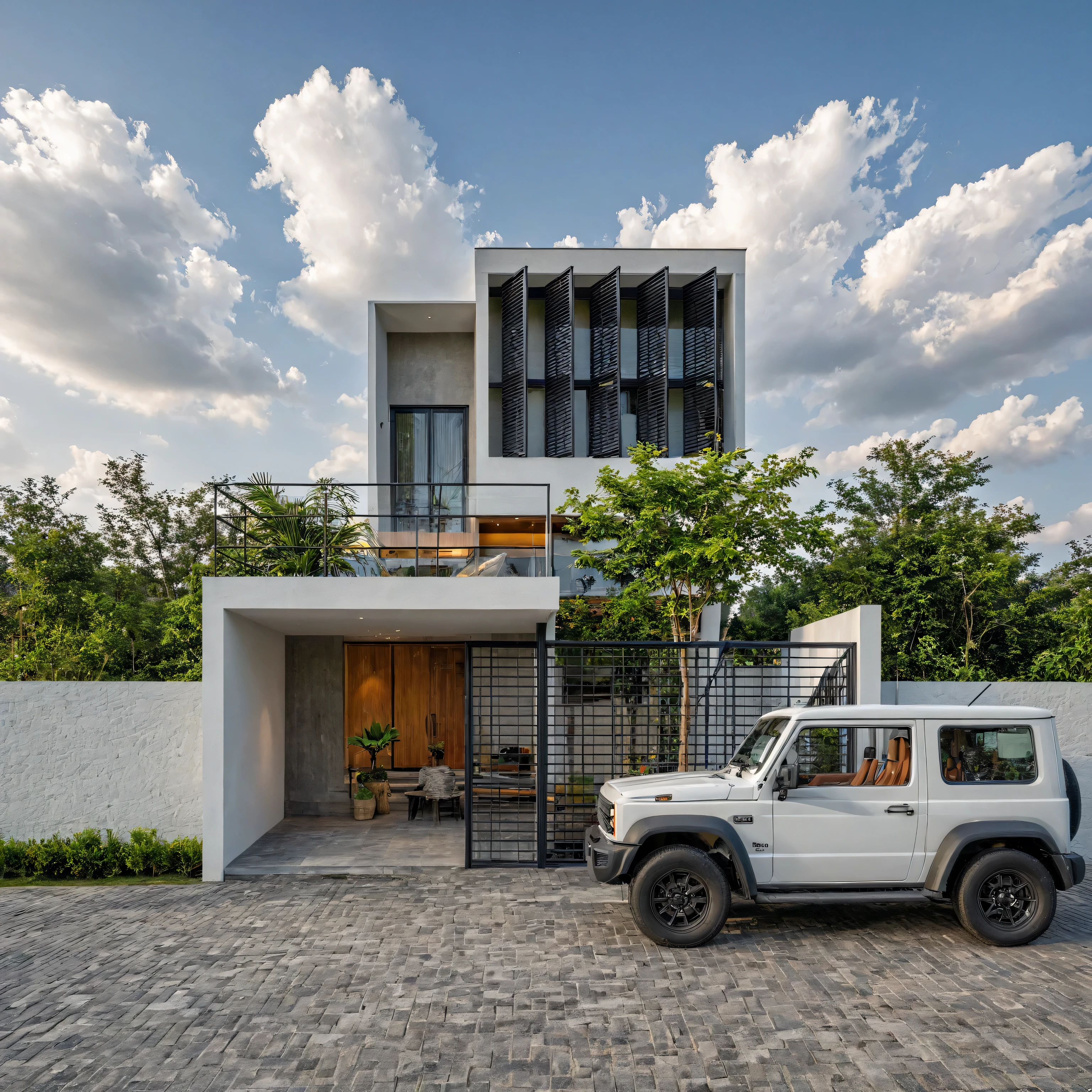 Masterpiece, high quality, best quality, authentic, super detail, outdoors, onestoreyvillaXL, aiaigroup, house style modern on the street ,stairs, white wall ,road,pavement, grass, trees, sky, cloud, (daylight:1.1)
