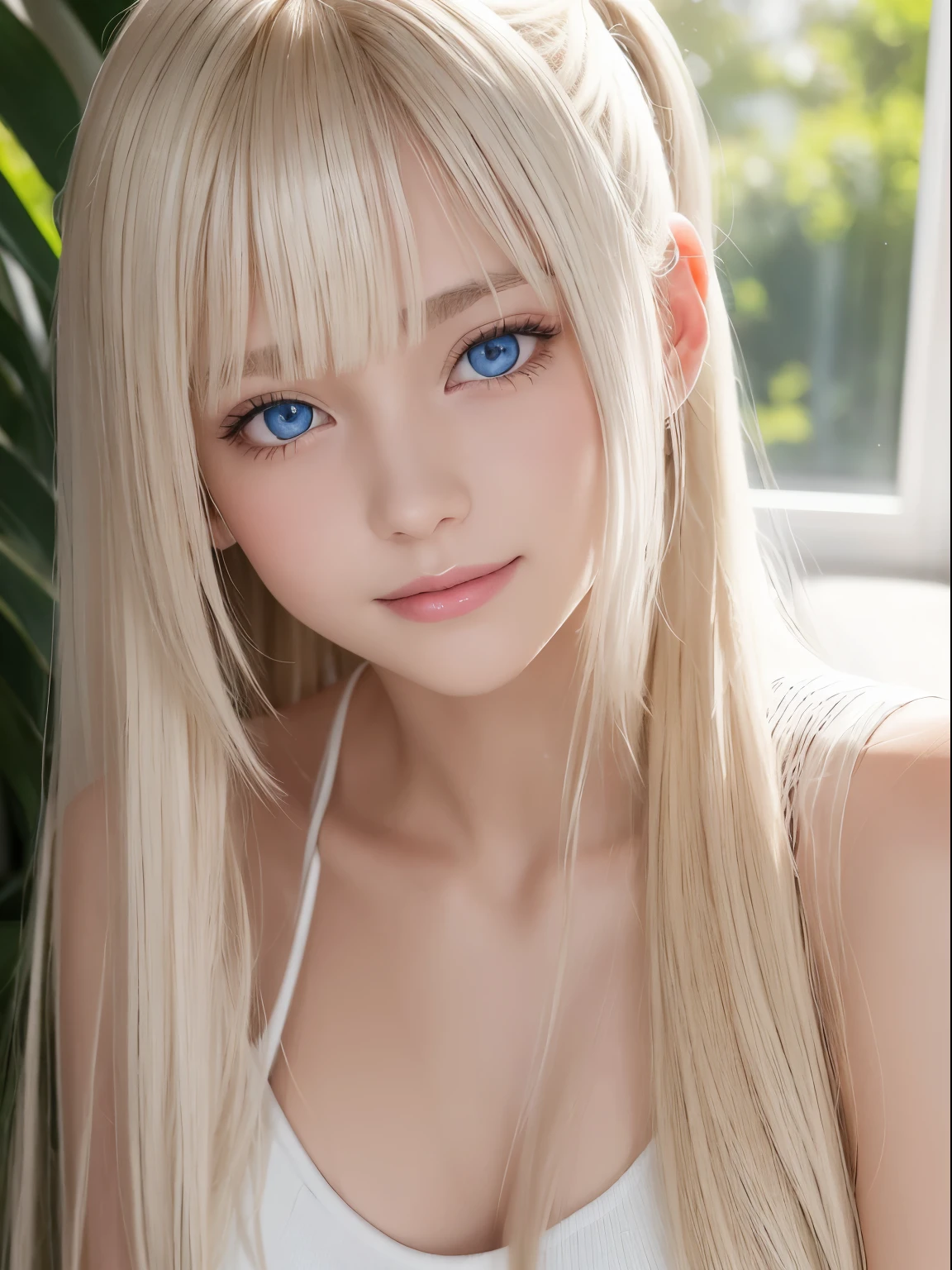 portrait, bright expression, ponytail, Young shiny shiny white shiny skin, Best shot, Blonde reflected light, Platinum blonde hair with dazzling highlights, shiny light hair, Super long silky straight hair, Beautiful bangs that shine, Glowing crystal clear attractive big blue eyes. Very beautiful nice cute 16 year old girl, Lush bust, smile,