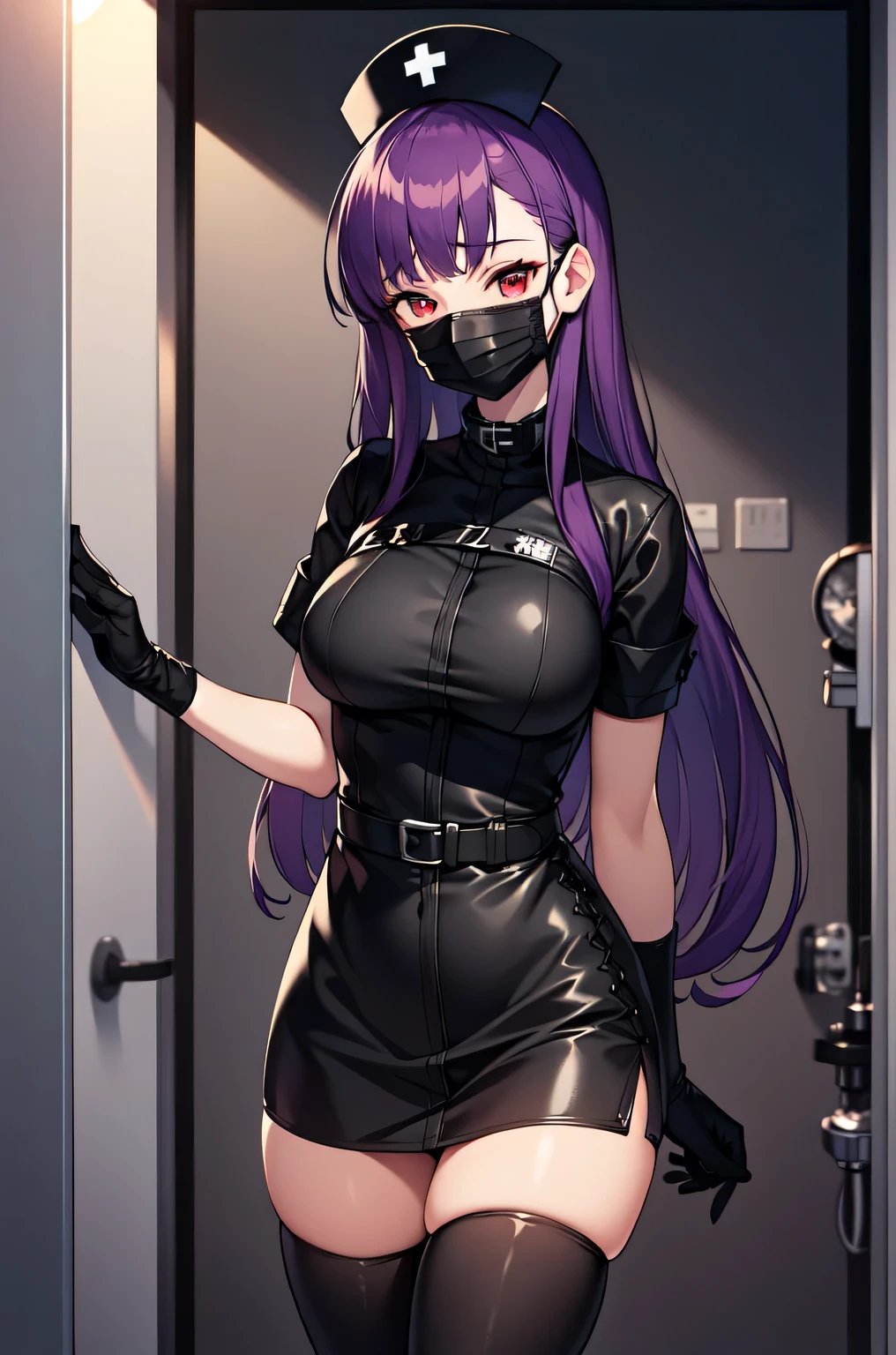 black nurse, 1woman, solo, black nurse cap, black nurse uniform, ((black legwear, zettai ryouiki)), black elbow gloves, long hair, purple hair, red eyes, ((black surgical mask, covered nose)), standing, ((surgery room)), sharp outline, short sleeves, mature female, 35 years old, best quality, masterpiece