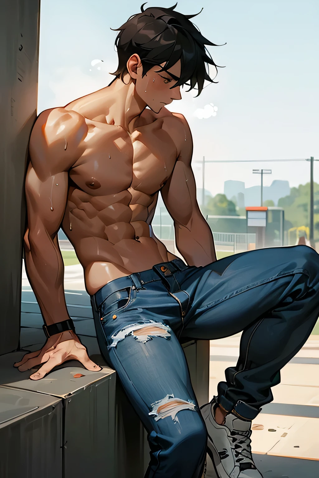 shirtless super muscular sweat-drenched 23-year old short black hair handsome caucasian male, tattered jeans, sneakers, in the skater park